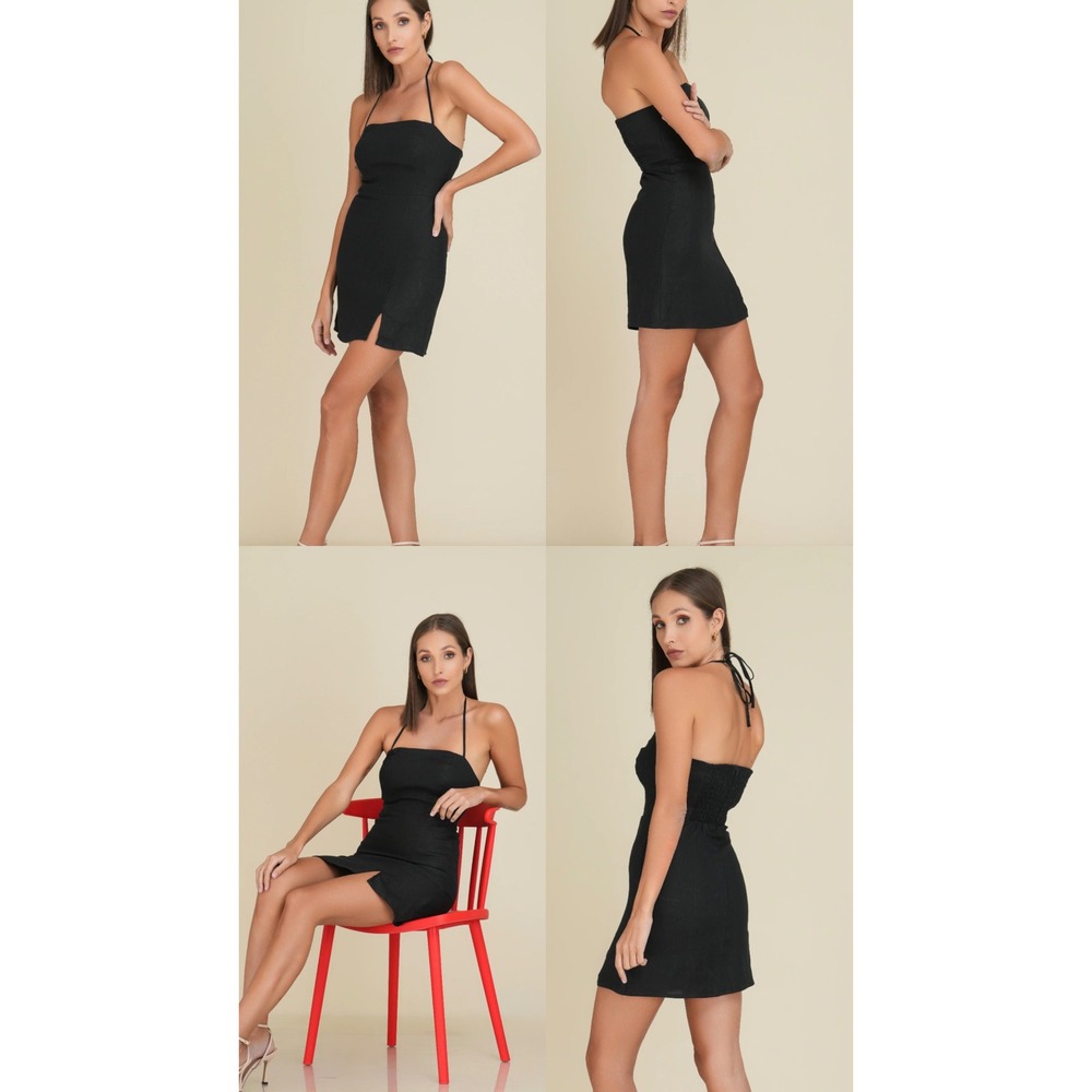 Cider Black Halter Mini Dress Smocked Back Side Slit XS date night